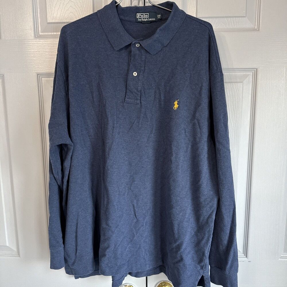 Polo Ralph Lauren Shirt Men's 2XB Long Sleeve Vintage Navy Cotton Yellow Pony